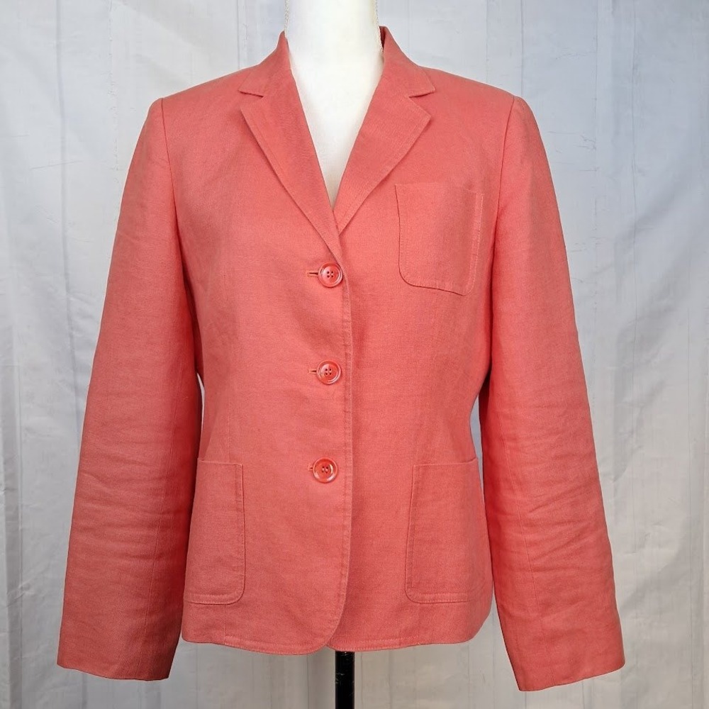 TALBOTS 8 Irish Linen 3-Button Blazer Coral Orange Tailored Preppy Coastal